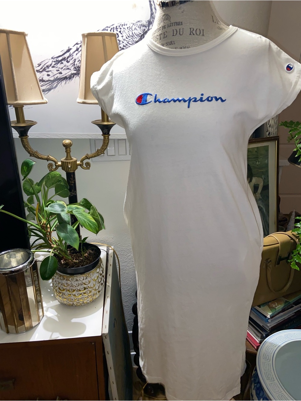 Champion White Midi T-Shirt Dress with Blue & Red Logo
